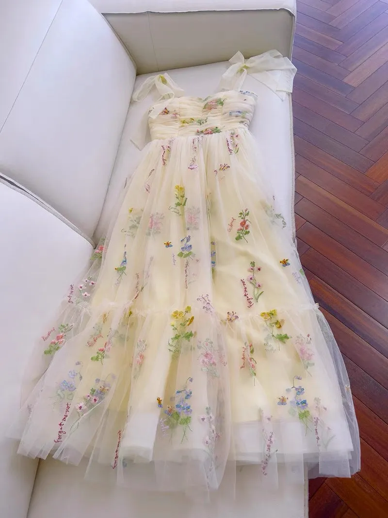 JazzHer Simple A line Spaghetti Straps Floral Tulle Yellow Homecoming Dress Birthday Dresses (PRE-ORDER)