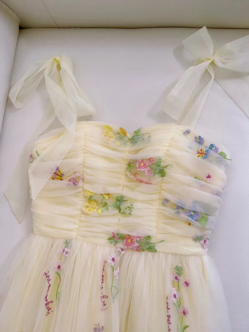 JazzHer Simple A line Spaghetti Straps Floral Tulle Yellow Homecoming Dress Birthday Dresses (PRE-ORDER)