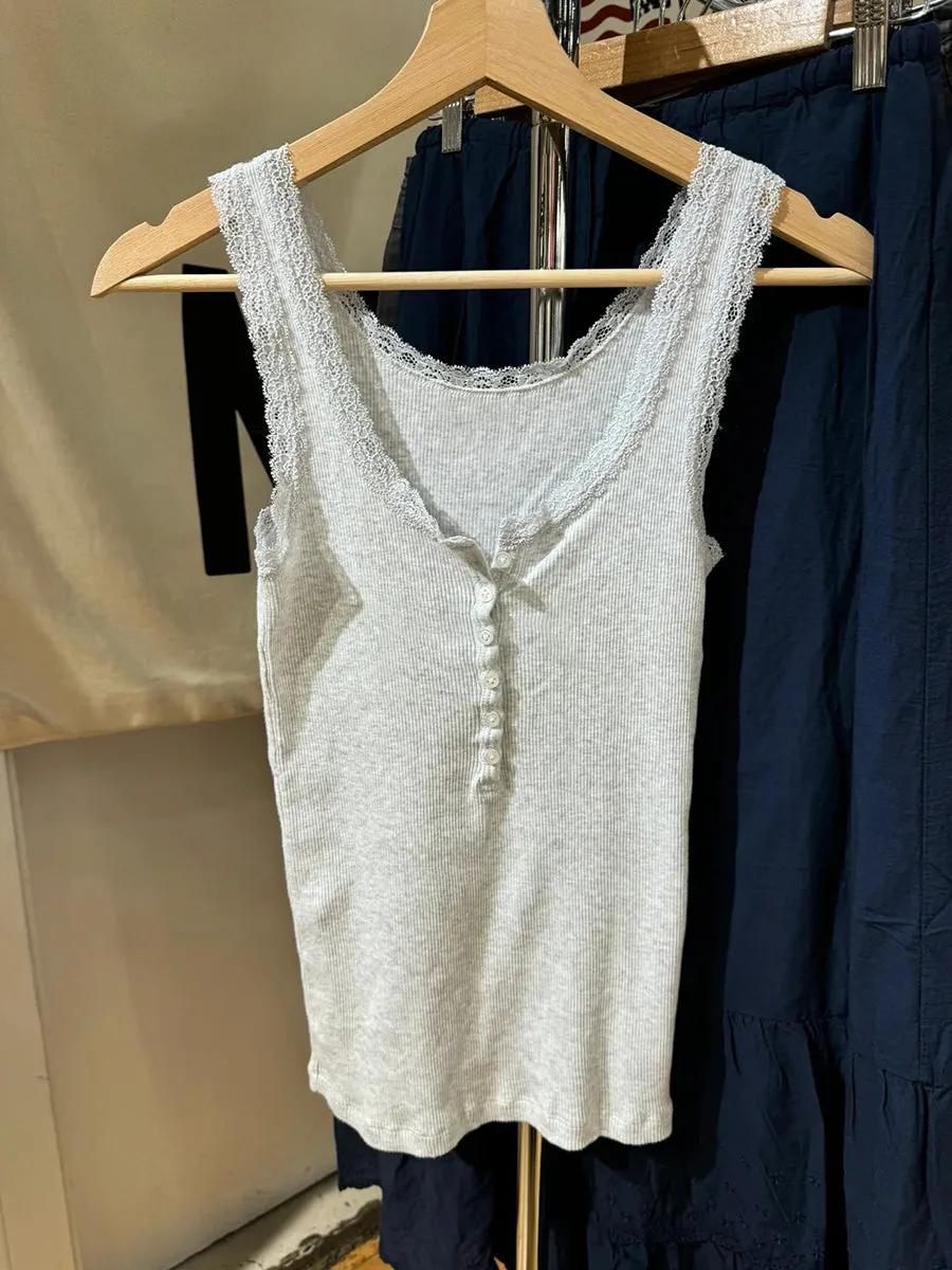 JazzHer Solid Lace Trim Ribbed Tank Top Women Spring Buttons Cotton Slim Chic U Collar Sleeveless Camis Sweet Simple Basic Vest Y2K Tops
