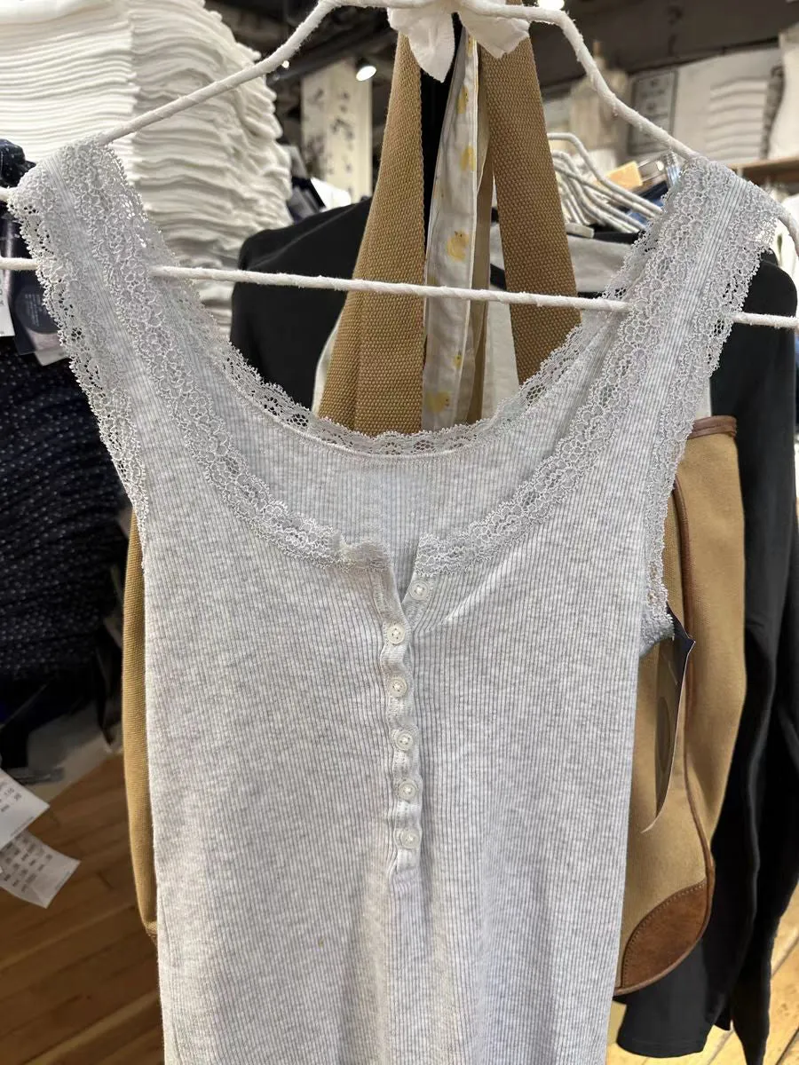 JazzHer Solid Lace Trim Ribbed Tank Top Women Spring Buttons Cotton Slim Chic U Collar Sleeveless Camis Sweet Simple Basic Vest Y2K Tops
