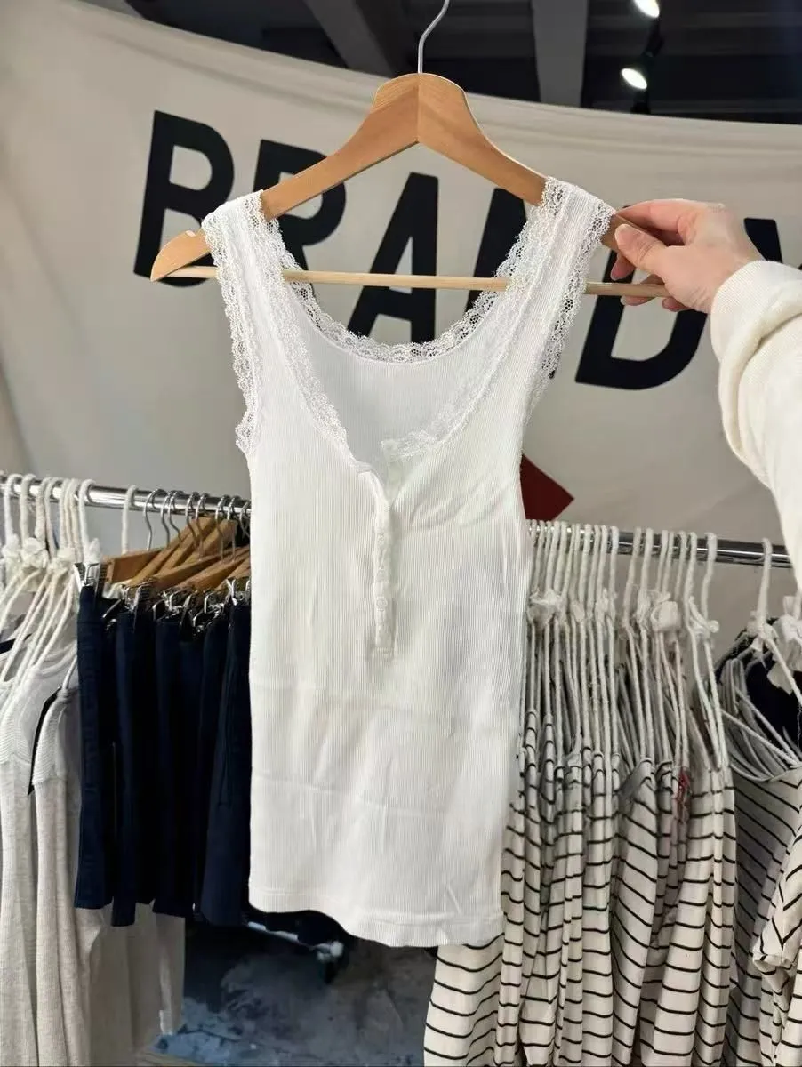 JazzHer Solid Lace Trim Ribbed Tank Top Women Spring Buttons Cotton Slim Chic U Collar Sleeveless Camis Sweet Simple Basic Vest Y2K Tops