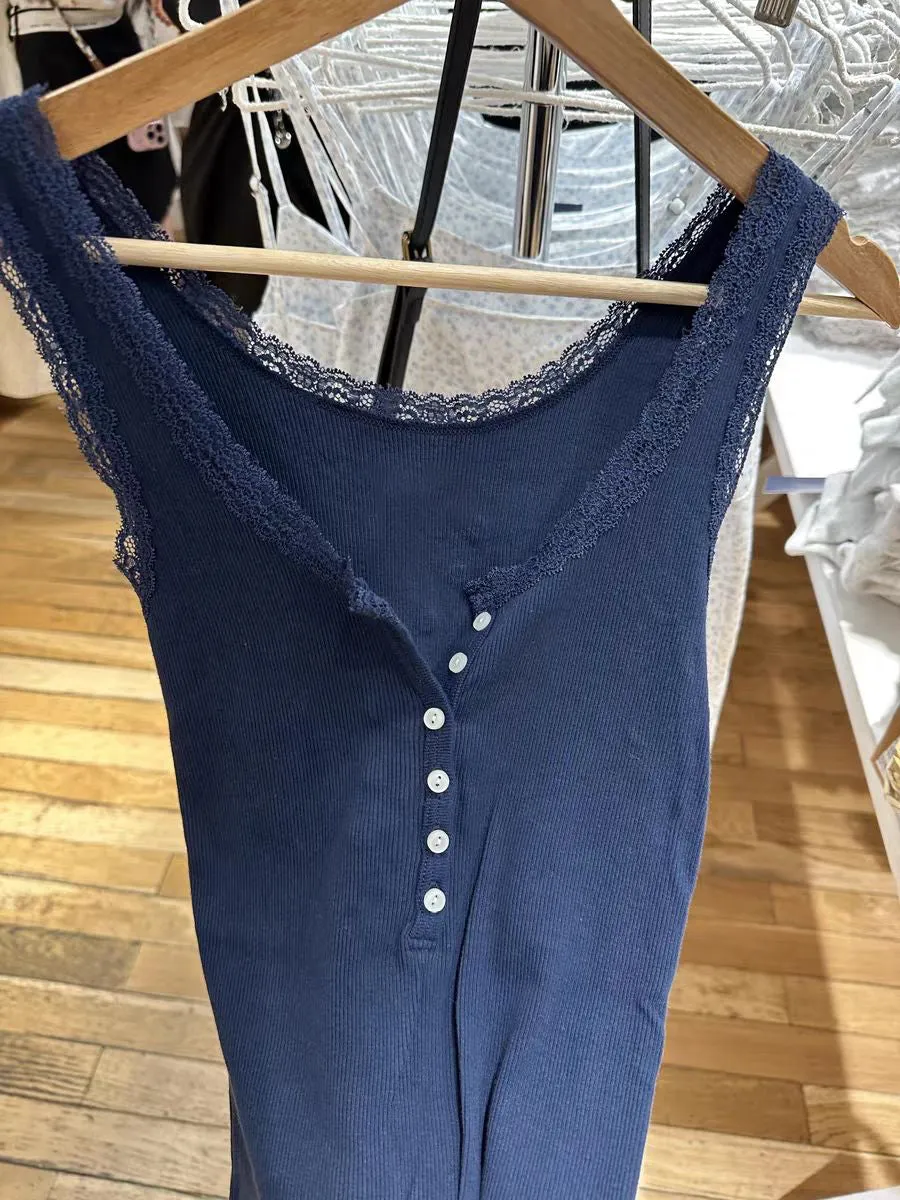 JazzHer Solid Lace Trim Ribbed Tank Top Women Spring Buttons Cotton Slim Chic U Collar Sleeveless Camis Sweet Simple Basic Vest Y2K Tops