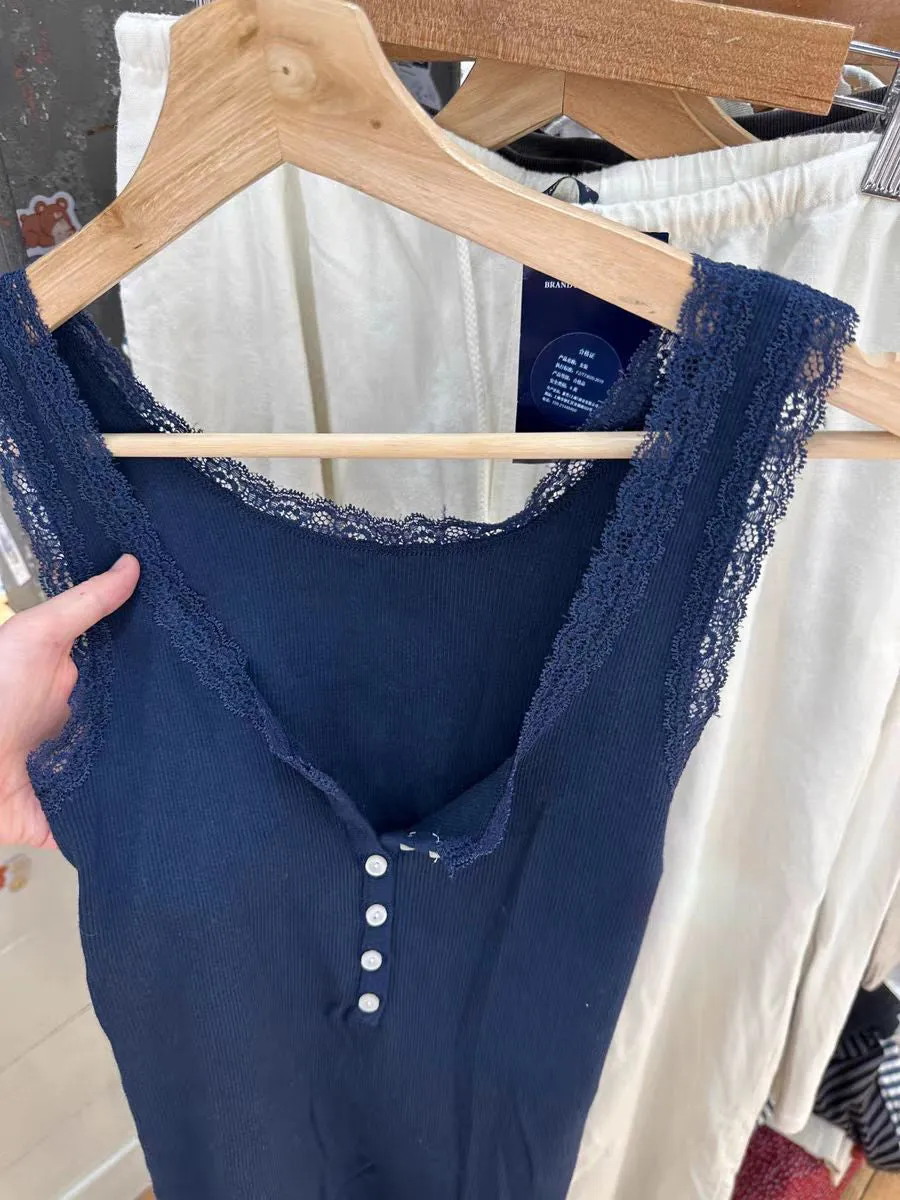 JazzHer Solid Lace Trim Ribbed Tank Top Women Spring Buttons Cotton Slim Chic U Collar Sleeveless Camis Sweet Simple Basic Vest Y2K Tops