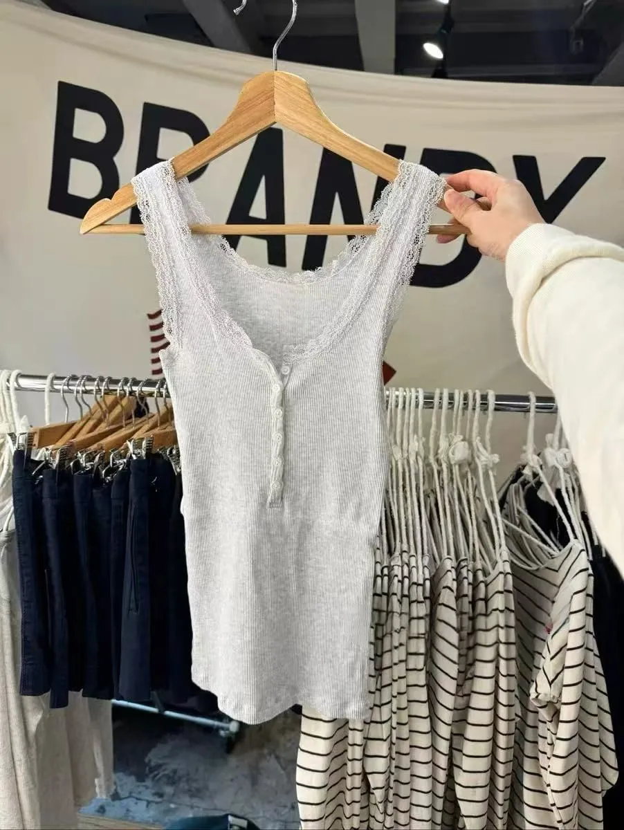JazzHer Solid Lace Trim Ribbed Tank Top Women Spring Buttons Cotton Slim Chic U Collar Sleeveless Camis Sweet Simple Basic Vest Y2K Tops