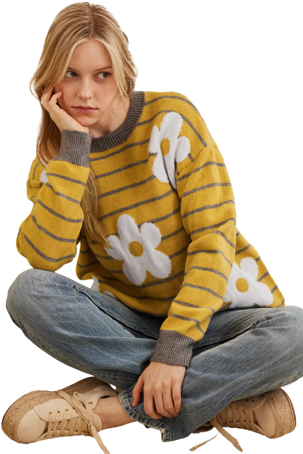KaleaBoutique Daisy Floral Knitted Round Neck Sweater