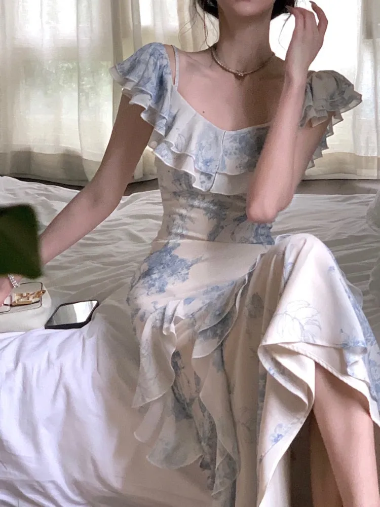 Ladies Double Ruffles Patchwork Floral Print Maxi Dress