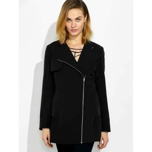 Lapel Collar Asymmetrical Zipper Coat - Black M