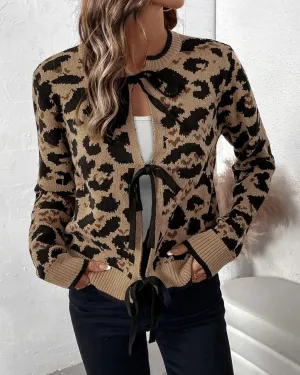 Leopard Print Bow Tie Knitted Cardigan