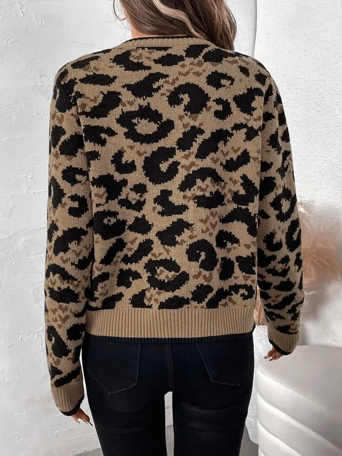 Leopard Print Bow Tie Knitted Cardigan