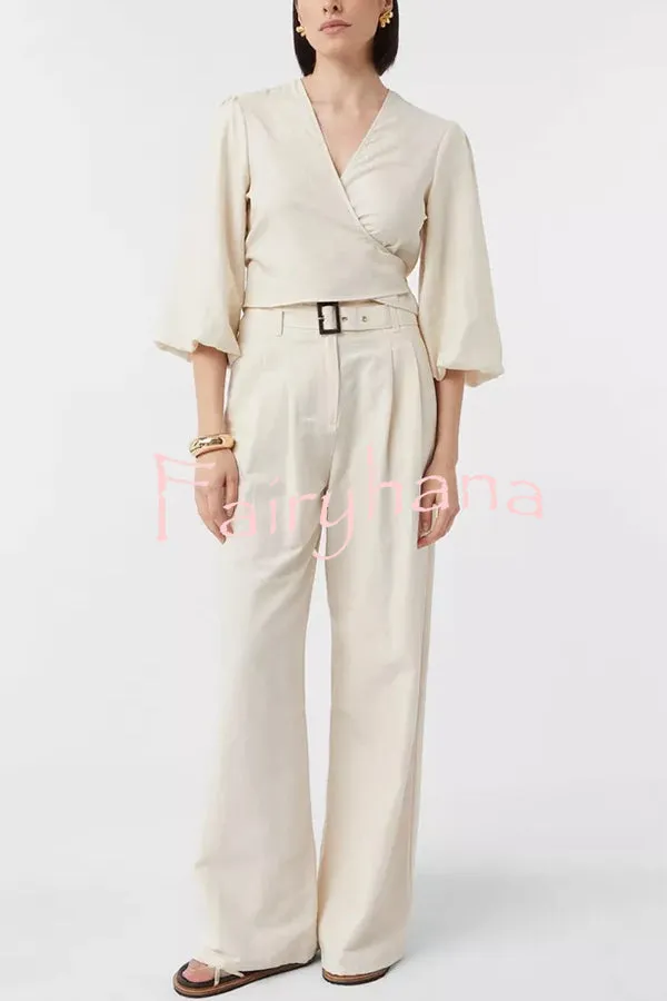 Lets Go Out Linen Blend Balloon Sleeve Wrap Tie-up Loose Top