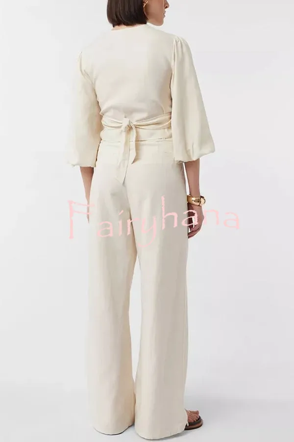 Lets Go Out Linen Blend Balloon Sleeve Wrap Tie-up Loose Top