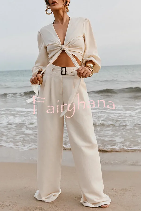 Lets Go Out Linen Blend Balloon Sleeve Wrap Tie-up Loose Top