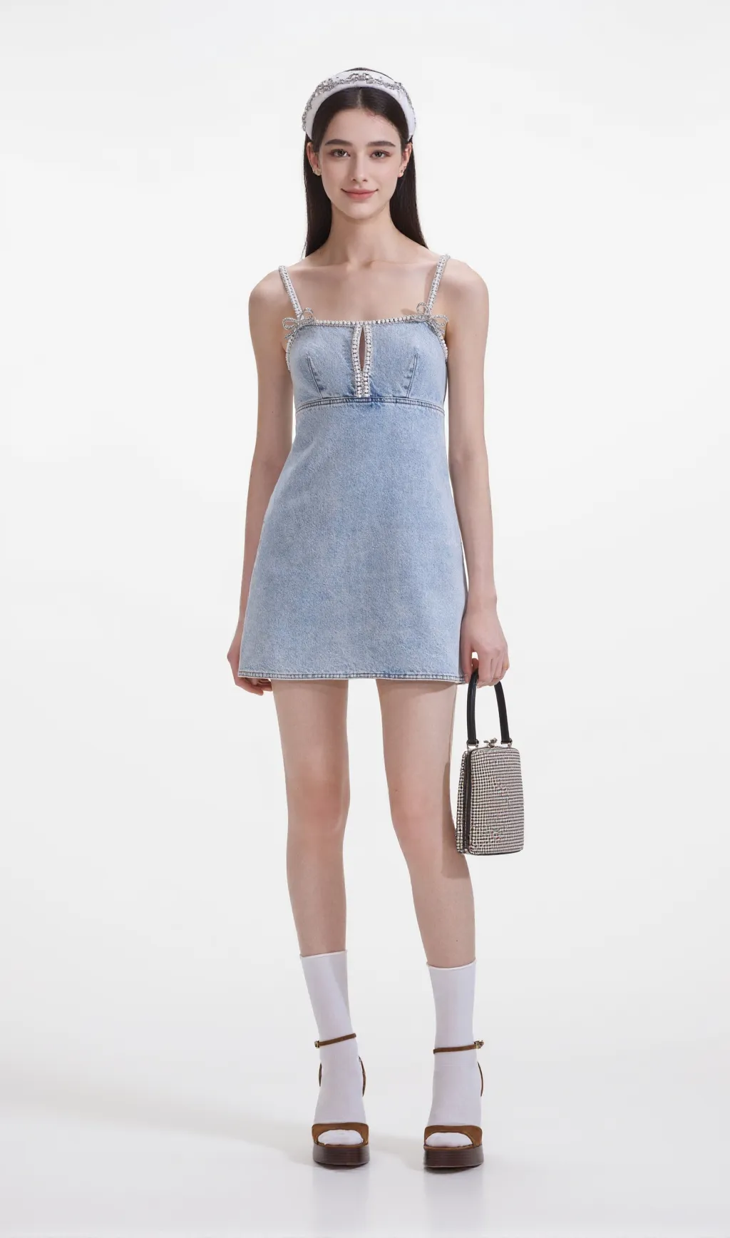 Light Blue Denim Pearl Mini Dress