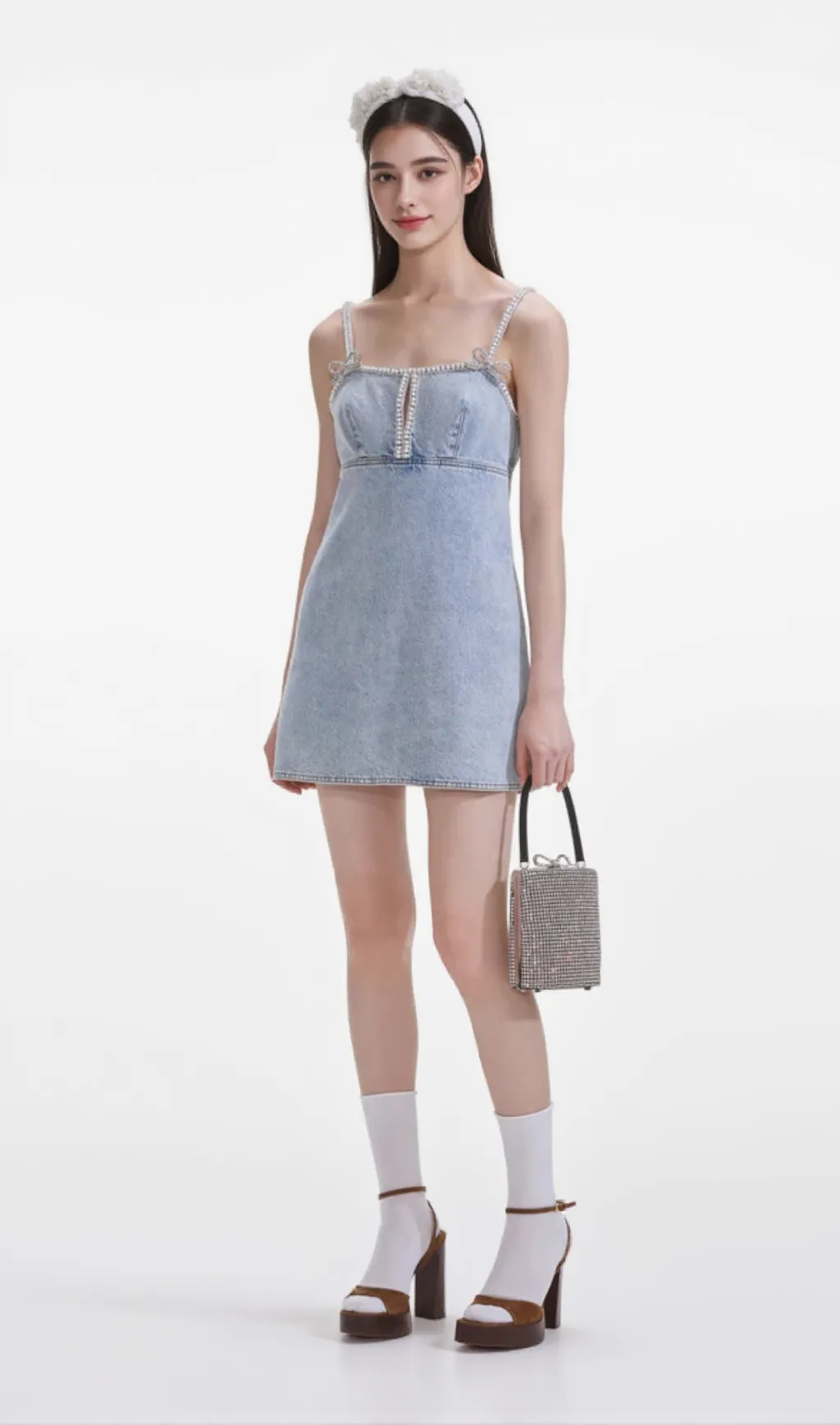Light Blue Denim Pearl Mini Dress