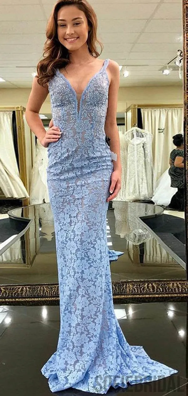 Light Blue lace Mermaid Beaded Cheap Prom Dresses, PD0803