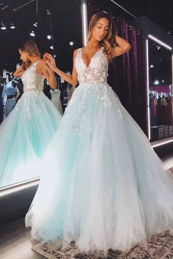 Light Green Tulle A-line V-neck Lace Appliques Prom Dresses, Evening Dress, MP738