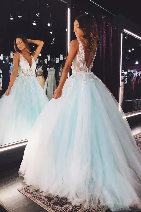 Light Green Tulle A-line V-neck Lace Appliques Prom Dresses, Evening Dress, MP738