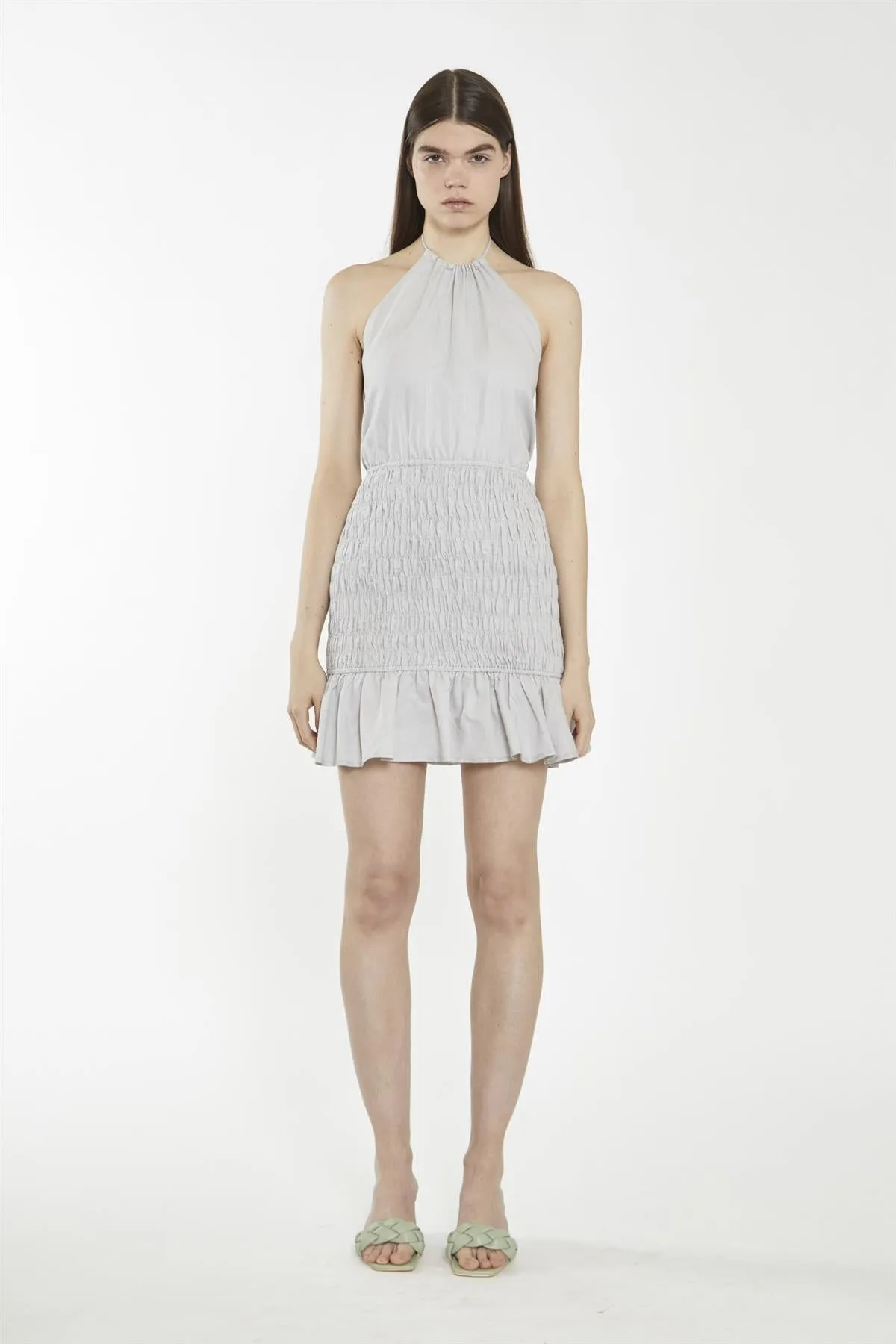 Light-Grey Halter-Neck Shirred Mini-Dress