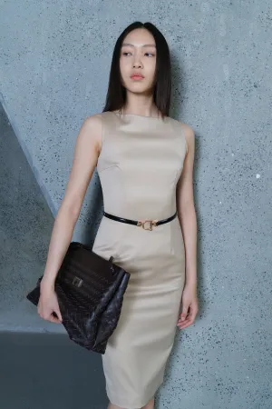 LIGHT KHAKI BOAT NECKLINE DRESS
