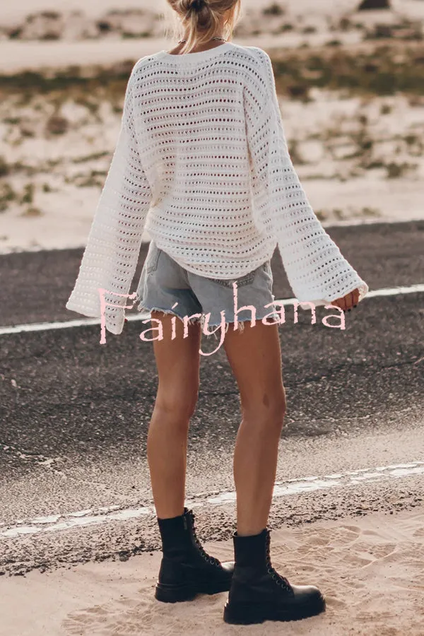 Living Easy Knit Bell Sleeve Hollow Out Relaxed Top