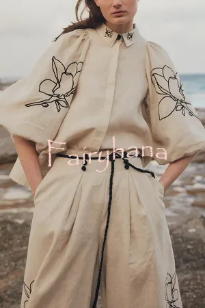 Lola Linen Blend Floral Print Balloon Sleeve Trapeze-style Loose Shirt