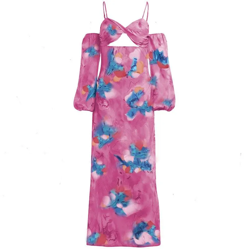 Long sleeve contrast off shoulder hollow out flower print midi dress