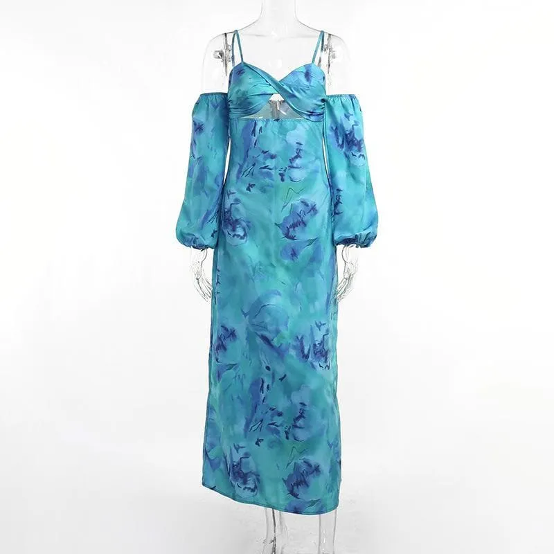 Long sleeve contrast off shoulder hollow out flower print midi dress