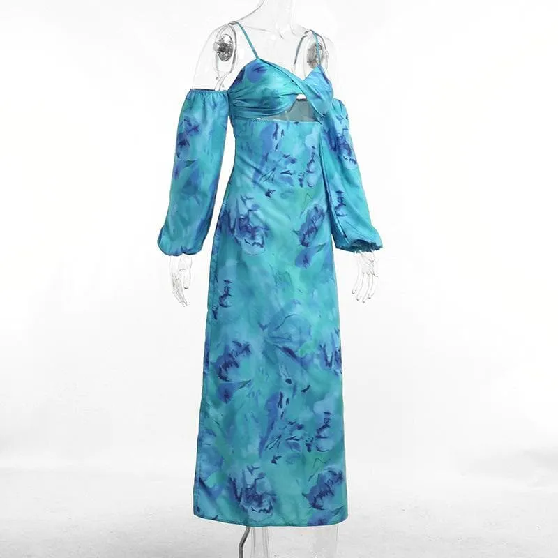 Long sleeve contrast off shoulder hollow out flower print midi dress