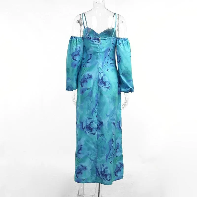 Long sleeve contrast off shoulder hollow out flower print midi dress