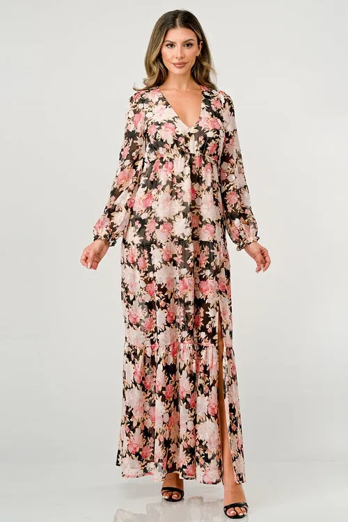 Long Sleeve Maxi Dress with High Slit and Tiered Skirt