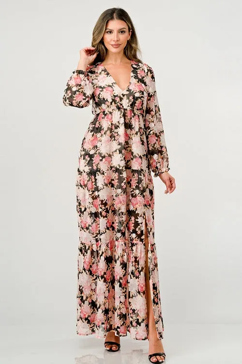 Long Sleeve Maxi Dress with High Slit and Tiered Skirt
