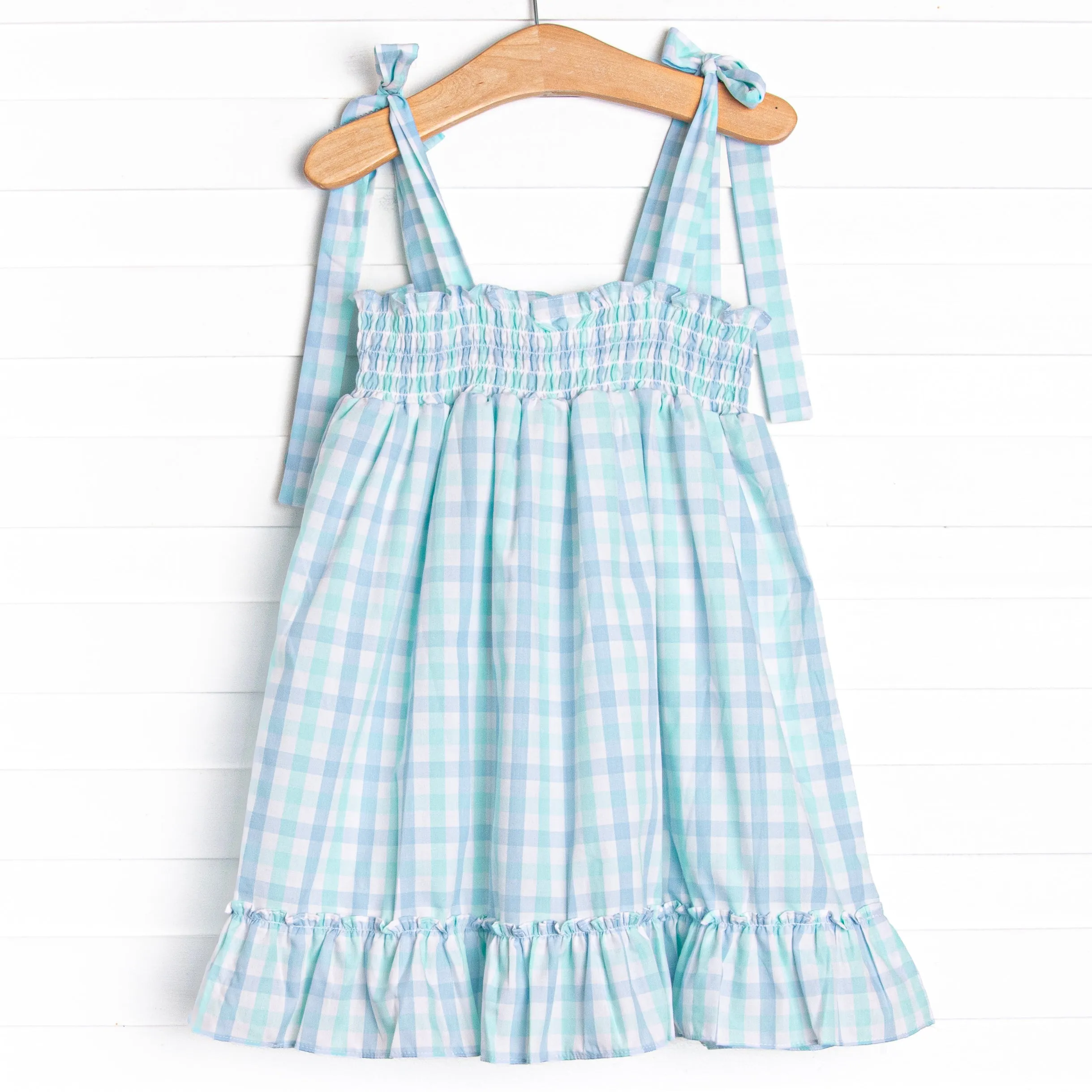 Look to the Sea Smocked Top Dress, Mint/Blue Check