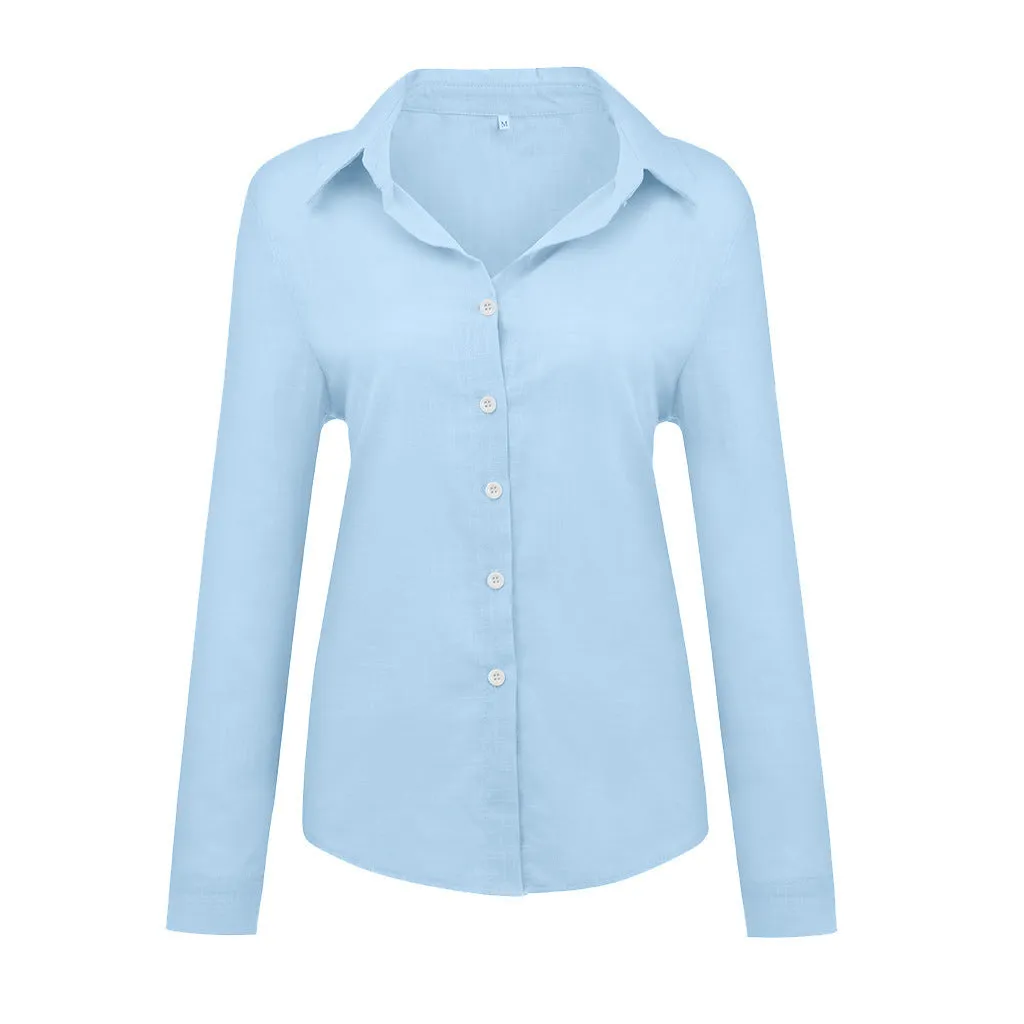 Loose Button Lapel Cardigan Top Long Sleeve Shirt Womens Blouses