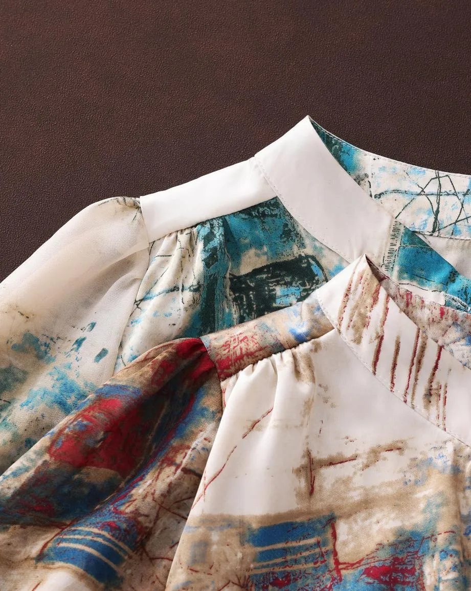 Loose-fit Oil Painting Style Blouse with Band Neckline