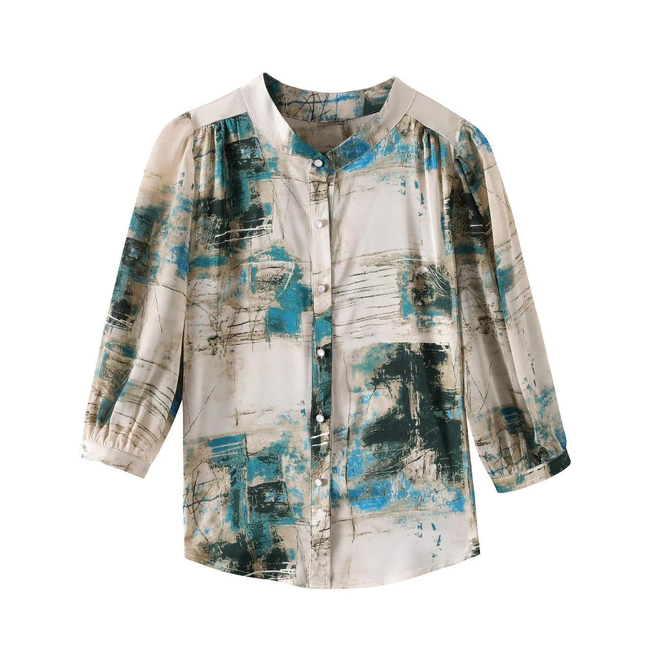 Loose-fit Oil Painting Style Blouse with Band Neckline