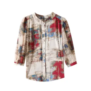 Loose-fit Oil Painting Style Blouse with Band Neckline