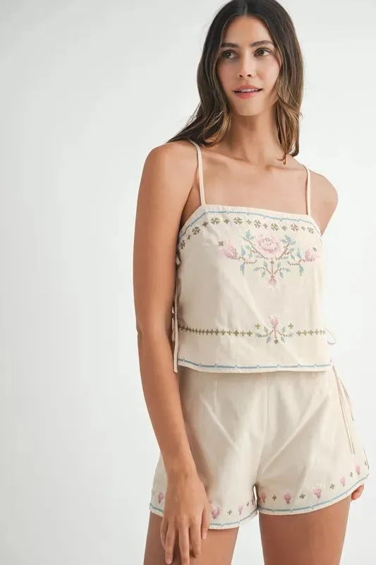MABLE Embroidered Crop Top and Shorts Set