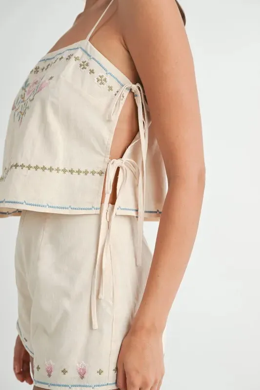 MABLE Embroidered Crop Top and Shorts Set
