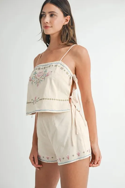 MABLE Embroidered Crop Top and Shorts Set