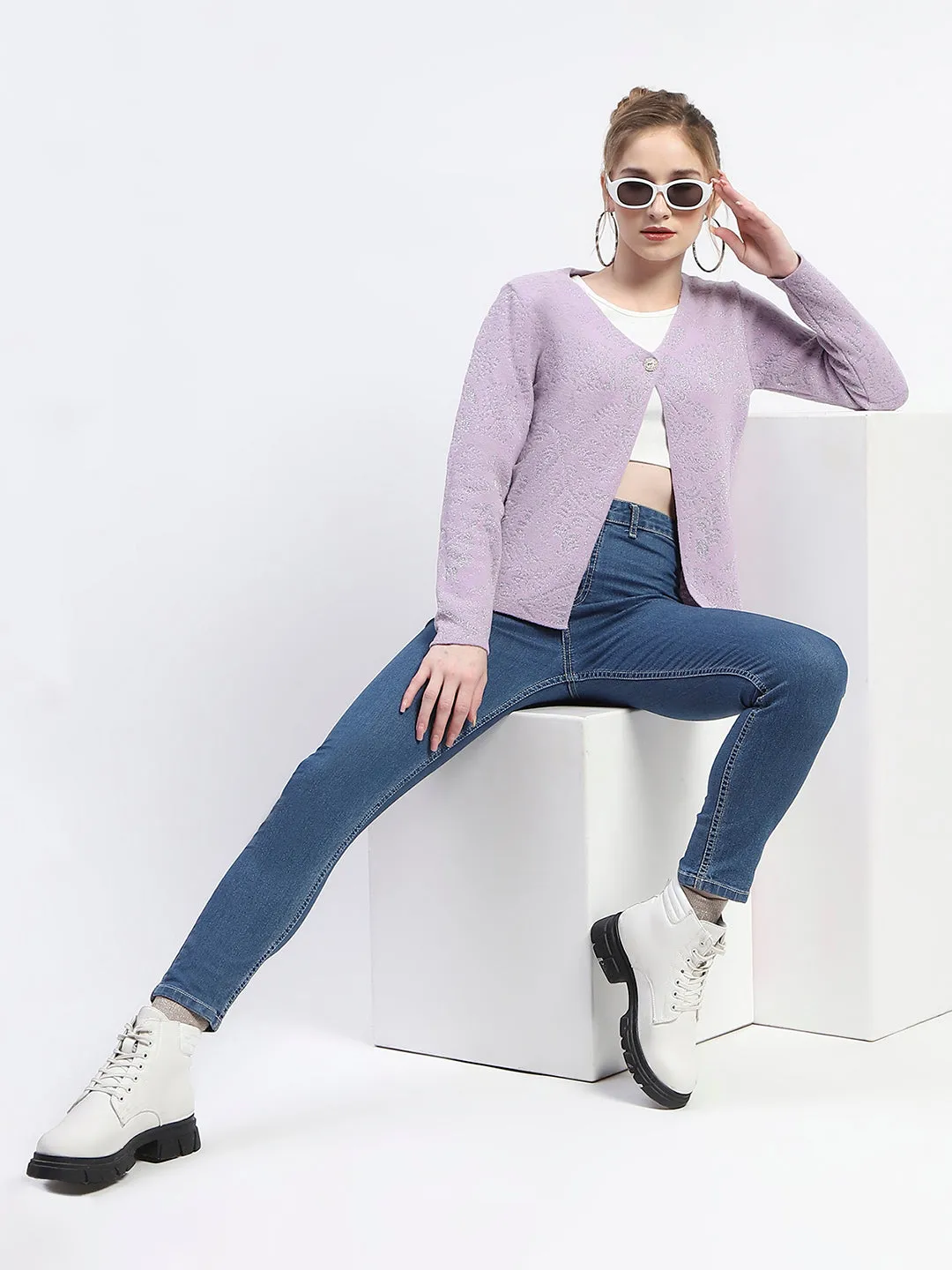 Madame Abstract Print Full Sleeve Lilac Cardigan