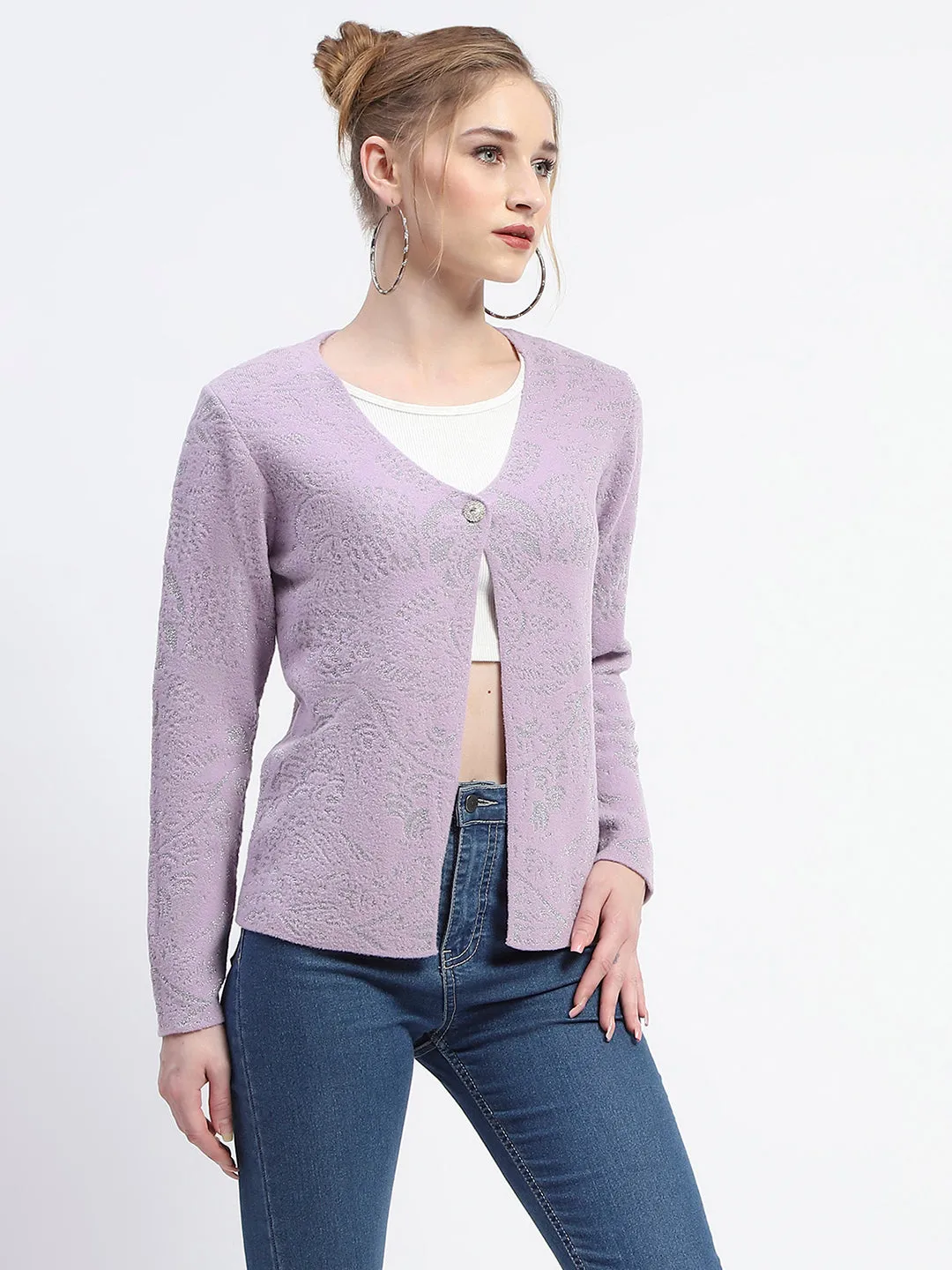 Madame Abstract Print Full Sleeve Lilac Cardigan