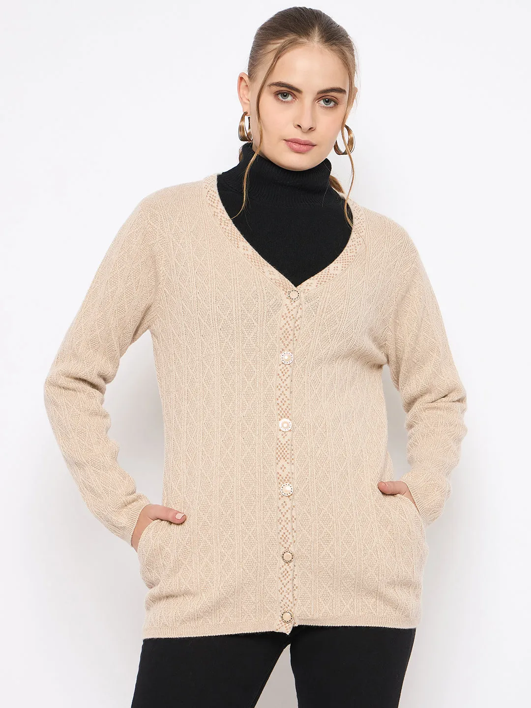 Madame Full Sleeve Button Down Beige Cardigan