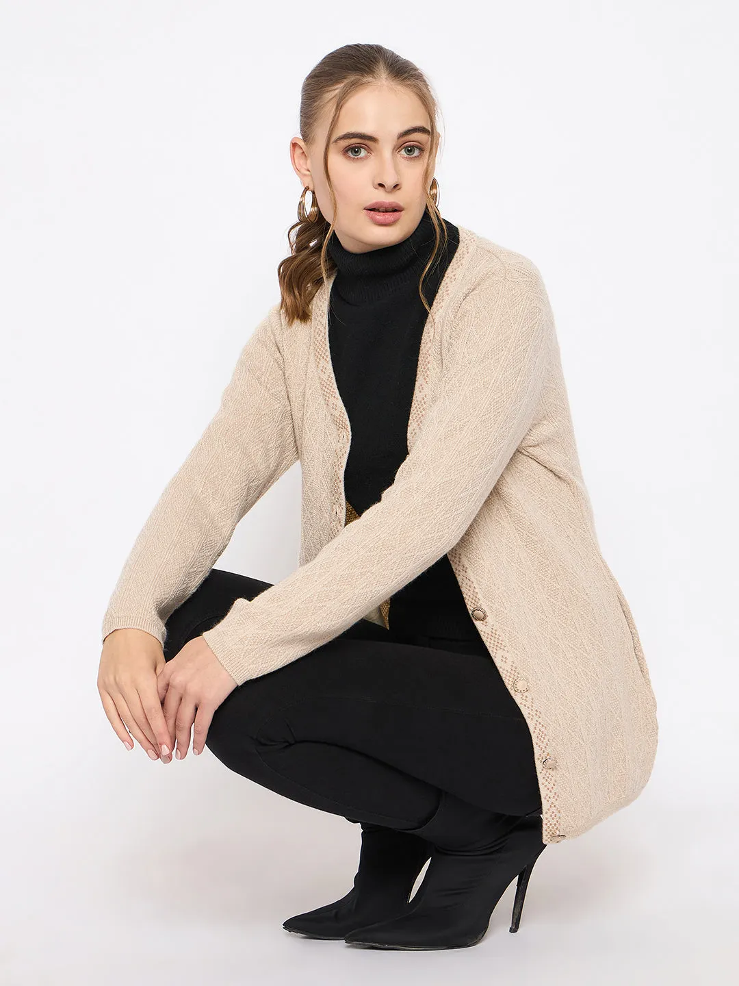 Madame Full Sleeve Button Down Beige Cardigan