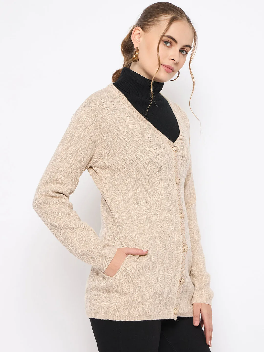 Madame Full Sleeve Button Down Beige Cardigan