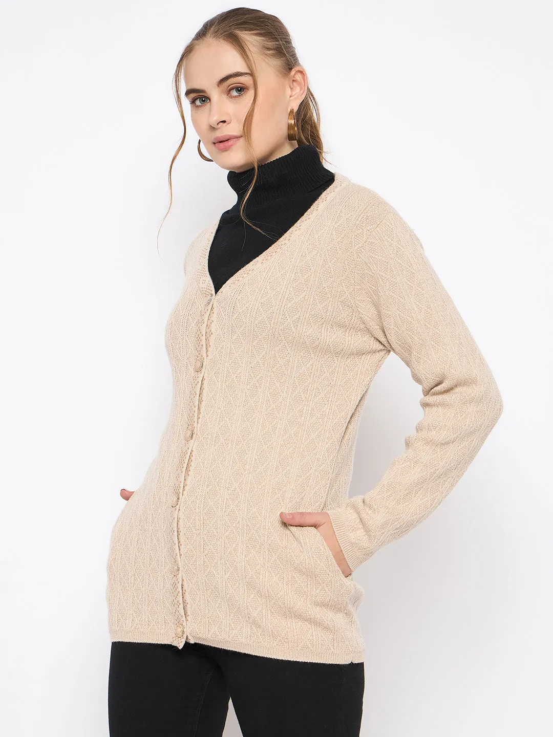 Madame Full Sleeve Button Down Beige Cardigan