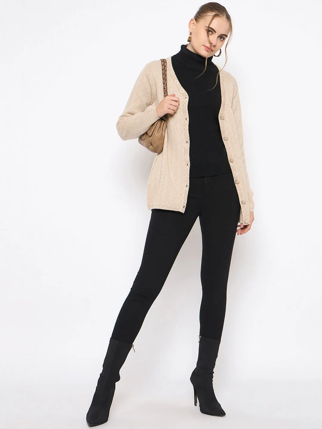 Madame Full Sleeve Button Down Beige Cardigan