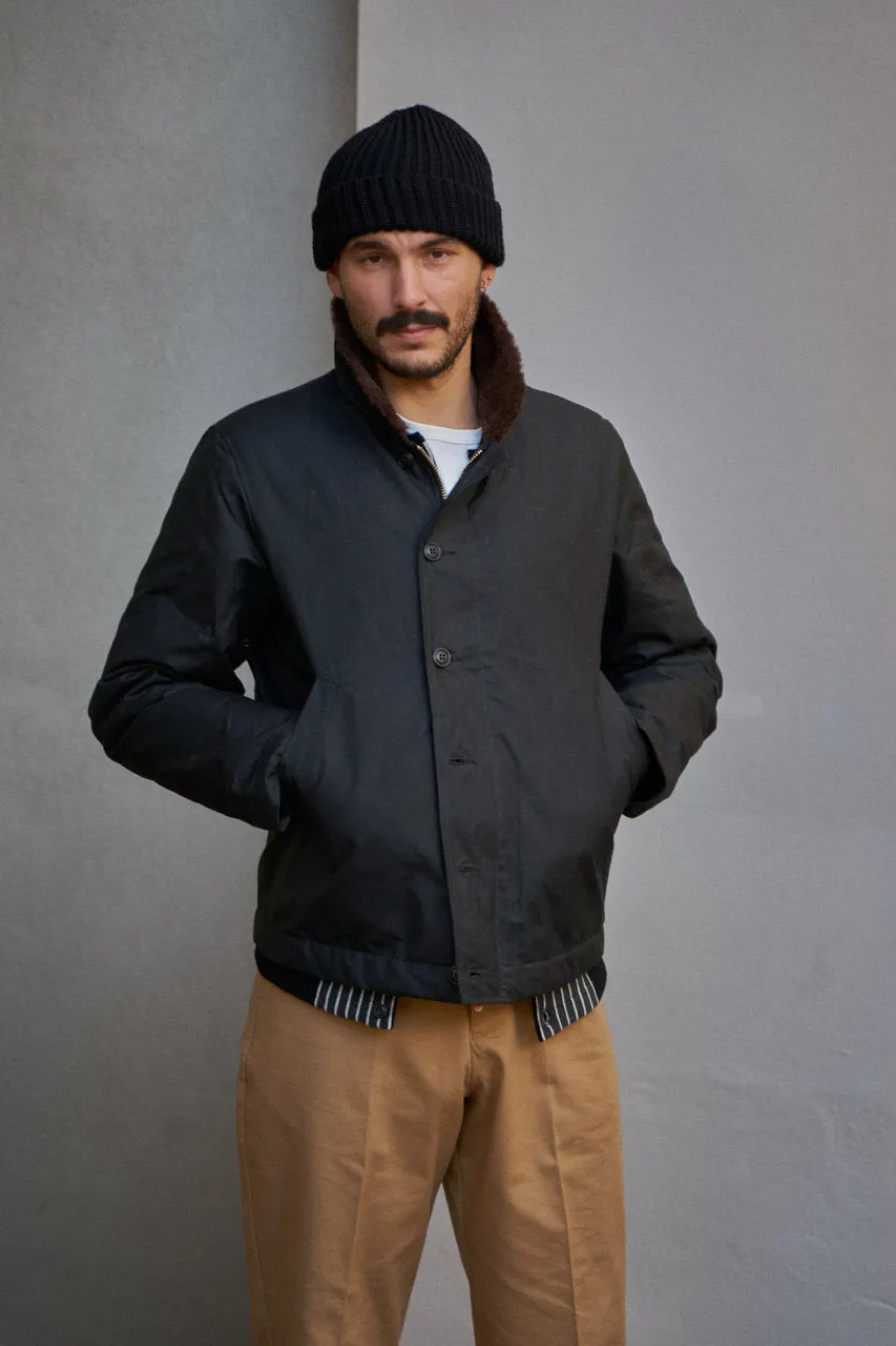 Manifattura Ceccarelli Waxed Deck Jacket Wool Teddy Fur Black