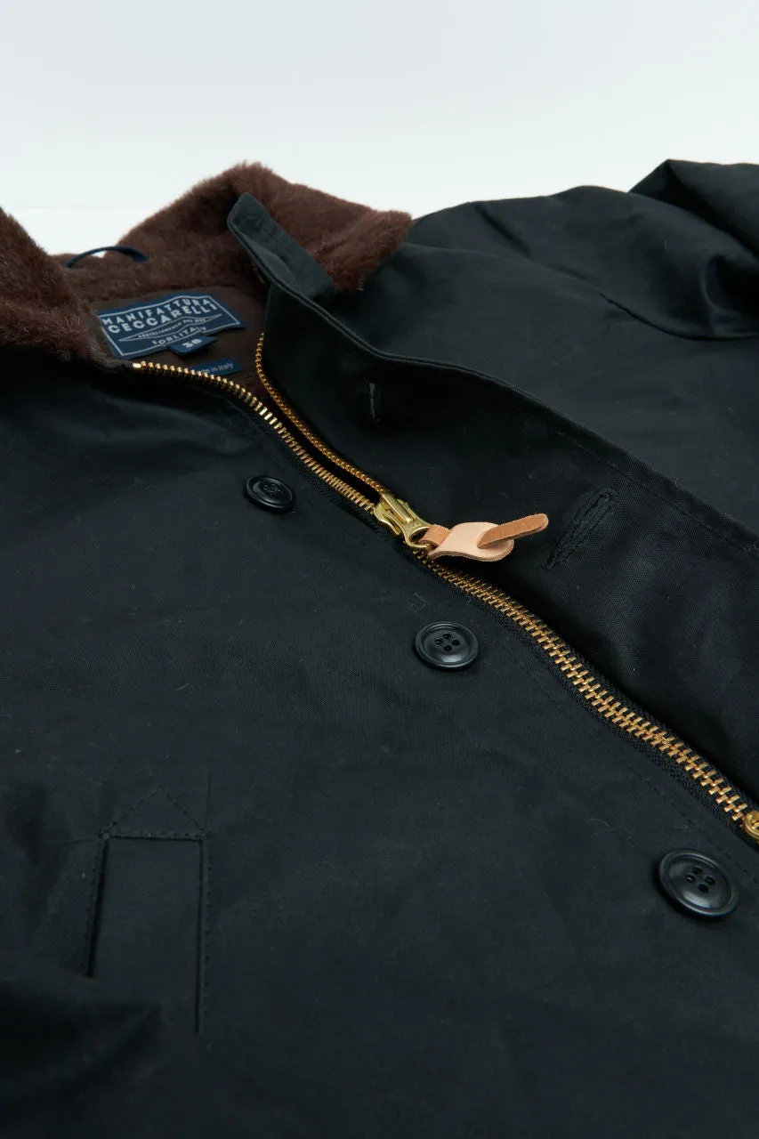 Manifattura Ceccarelli Waxed Deck Jacket Wool Teddy Fur Black