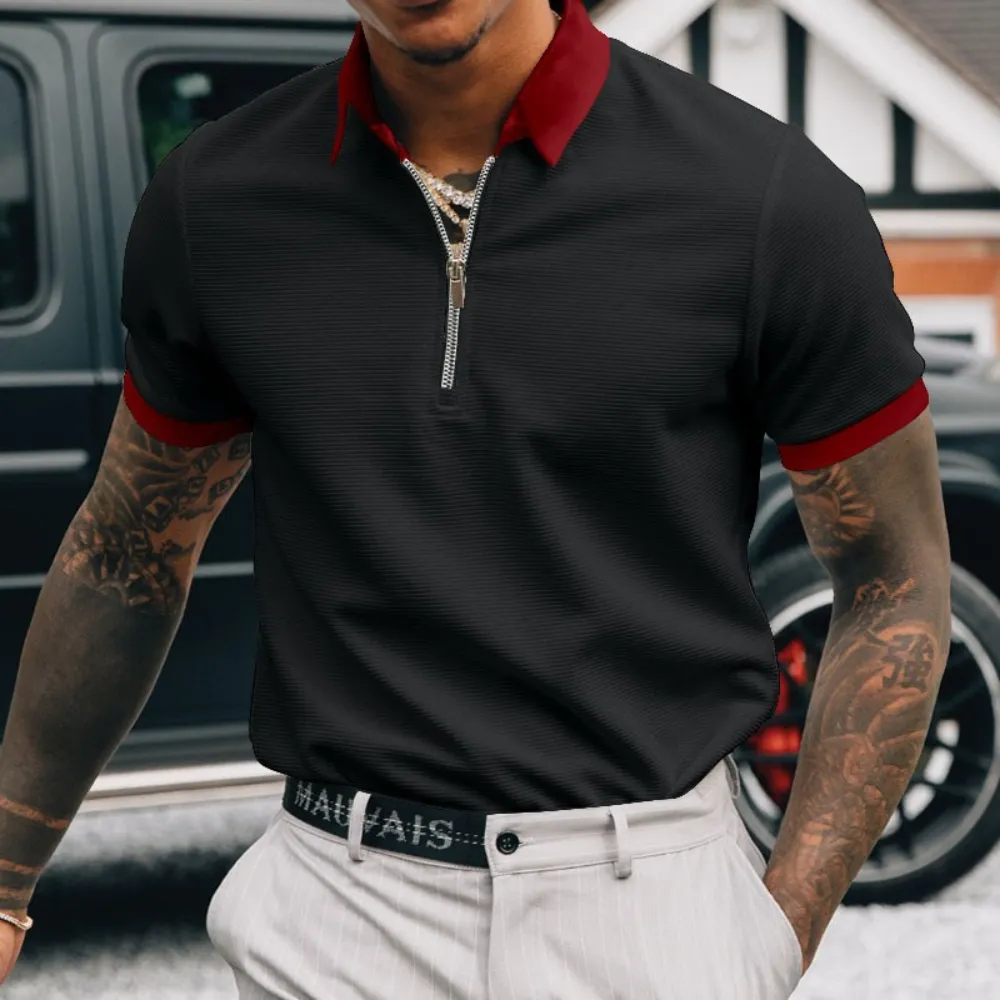 Men's Trendy Zipper Detail Loose Fit Polo Shirt