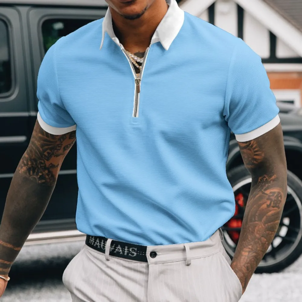 Men's Trendy Zipper Detail Loose Fit Polo Shirt